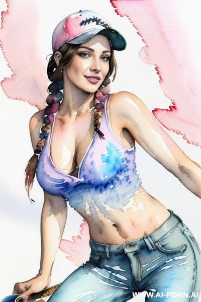 ((((at the street)))) ((((skate board)))) ((((image comic-drawing watercolor style)))) down level shot boobs in closedup ((((seductive gaze)))) pretty italian woman full lips smile shocked face bending - ai-porn.ai - Italy on pornsimulated.com