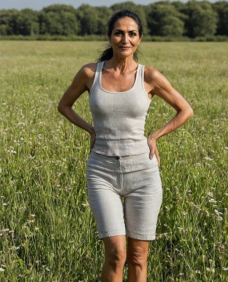 Hot older woman gets naked in a field of wildflowers while it is daytime - pornpics.com on pornsimulated.com