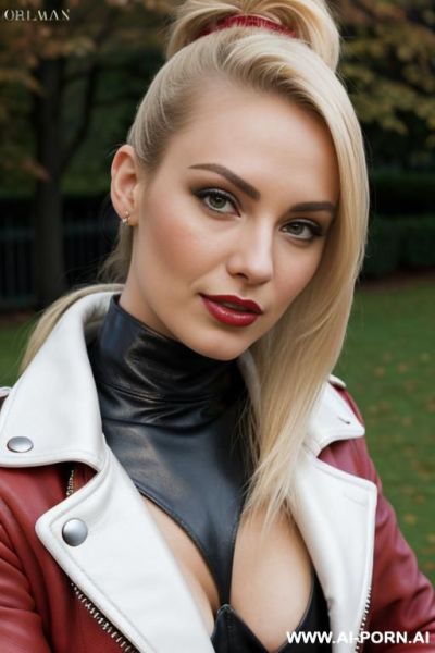 Porno magazine cover: passionate ballerina with medium boobs. beautiful, pretty, perfect beautiful boobs, slight smile, makeup, sitting, spreading legs, front facing, red leather dress under red leather coat - ai-porn.ai on pornsimulated.com