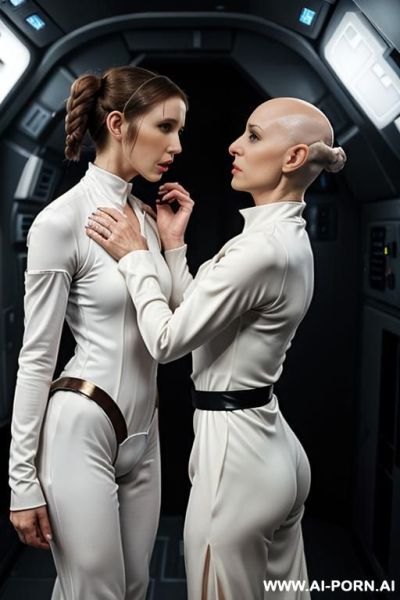 Backview of two bald androgynous women, two perfect androgynous, man chest, masculine chest, with sci-fi fantasy caps, they are jumping and fight each other, backview - ai-porn.ai on pornsimulated.com