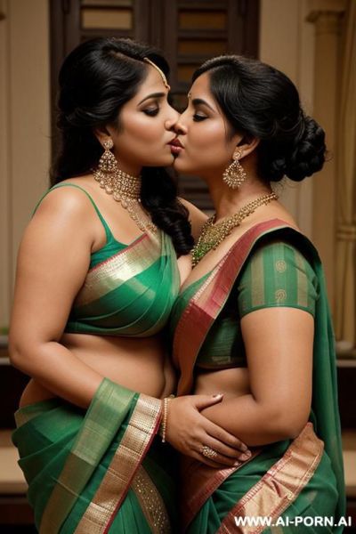 One ancient indian chubby queen in a elegante green saree is kissing her favourite chubby full naked female servant with shaved vagina - ai-porn.ai - India on pornsimulated.com