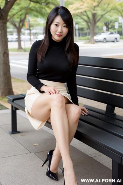 One japanese office lady ， is sitting on park benches， hands on sides, pretty face with long hair ，mid pencil skirt ,pantyhose, mid heels， facing ford，legs spread. the skirt needs to be and wrinkle-free. show panty - ai-porn.ai - Japan on pornsimulated.com