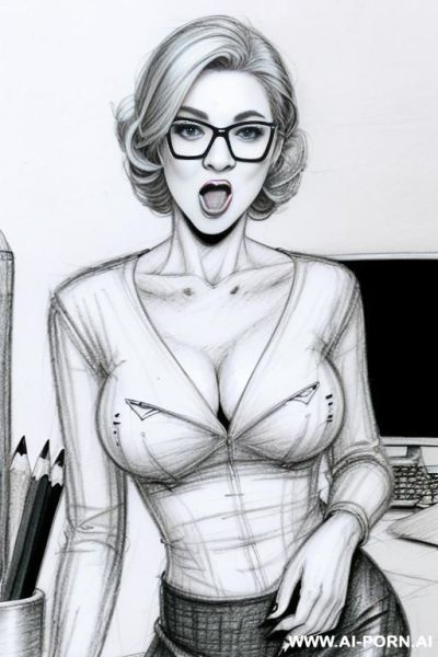 ((((image comic-drawing pencil style)))) ((((medium body shot)))) ((((in the office)))) ((((open mouth face silly)))) pretty italian woman full lips, muscle fit , black short skirt , white long-sleeved - ai-porn.ai - Italy on pornsimulated.com