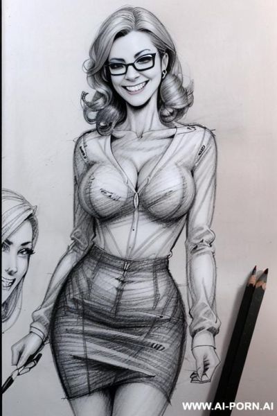 ((((image comic-drawing pencil style)))) ((((medium body shot)))) ((((in the office)))) ((((smiling silly face)))) ((((direct contact eyes)))) pretty italian woman full lips, muscle fit , black short - ai-porn.ai - Italy on pornsimulated.com