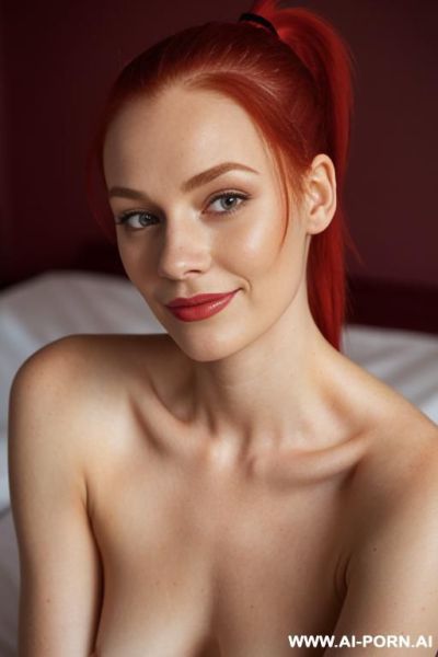 Lady, naked on bed, masturbation, red hair, ponytail. - ai-porn.ai on pornsimulated.com