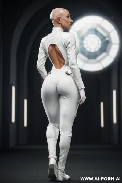 Bald androgynous slight woman, perfect androgynous, man chest, round ass milf in a long sci-fi elegant dress, atompunk, she is runing away - ai-porn.ai on pornsimulated.com