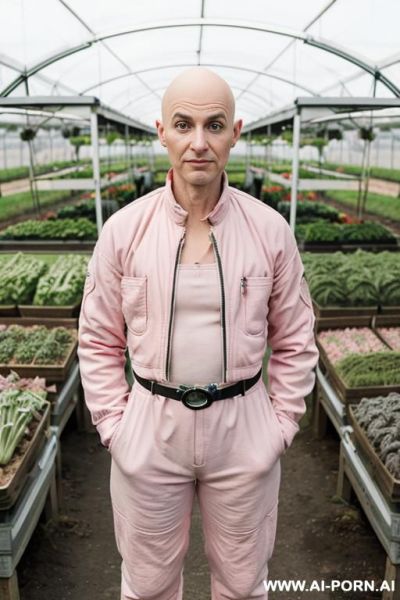 Sci-fi farmer bald woman, bald androgynous slight woman, perfect androgynous, man chest, swanneck, on tsci-fi farm - ai-porn.ai on pornsimulated.com