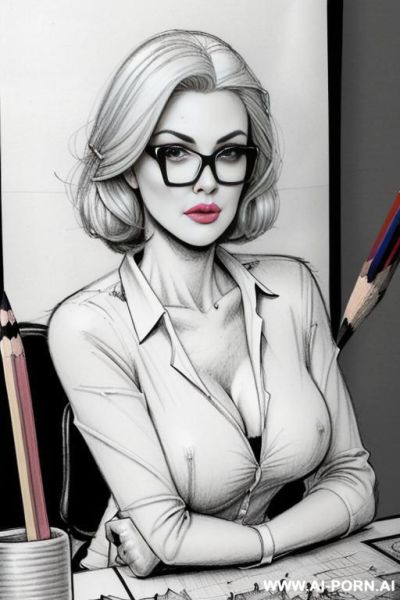 ((((image comic-drawing pencil style)))) ((((medium body shot)))) ((((in the office)))) ((((crooked pouting lips)))) pretty italian woman full lips, muscle fit , black short skirt , white long-sleeved - ai-porn.ai - Italy on pornsimulated.com