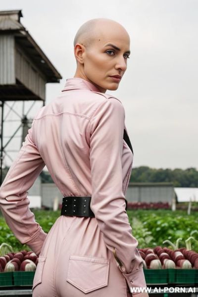 Backview of the sci-fi farmer bald woman, bald androgynous slight woman, perfect androgynous, man chest, swanneck, on tsci-fi farm - ai-porn.ai on pornsimulated.com