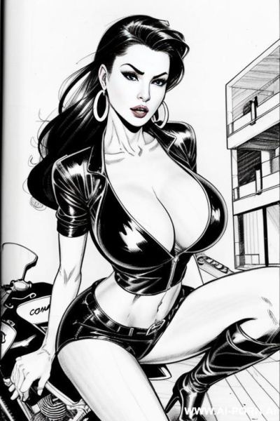 ((((image comic-drawing style)))) view fish eye lens view down level shot boobs in closedup sky cloudy at sunset at the outdoor motorcycle superbike festivalshows pretty italian woman full lips - ai-porn.ai - Italy on pornsimulated.com