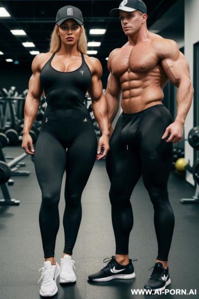 A hyper-muscular gay man dressed in a spandex bodysuit enters the gym. he has well-defined muscles in his chest, abs, buttocks, arms, and legs. he wears a baseball cap on his head. he has sneakers on his feet. he has a piercing in his nipples - ai-porn.ai on pornsimulated.com