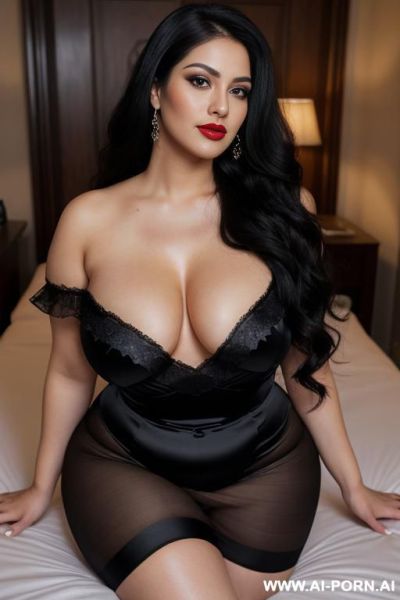Long black fluffy wavy waterfall braid, persian, narrow eyes, pointy nose, high cheekbones, ((heavy perky breasts)), deep cleavage, seductive sexy grin, dimples, fit voluptuous hourglass figure, big - ai-porn.ai - Iran on pornsimulated.com