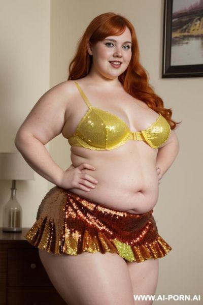 Half body photo shot close up. a ((british obese fat bbw redhead)), ((thick with love handless)). ((wearing a yellow sexy and hot garter belt lingerie, and a dark-red ruffle sequins silk micro-skirt)). she is smiling - ai-porn.ai - Britain on pornsimulated.com