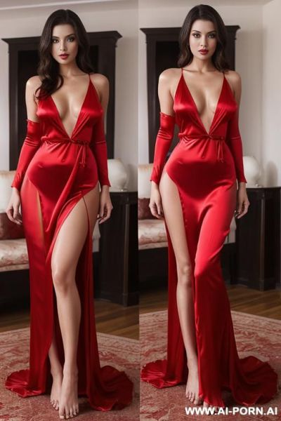 Bright red full length form fitting silk nightgown, nightgown wrapped around whole body, plunging neckline, wide hips - ai-porn.ai on pornsimulated.com