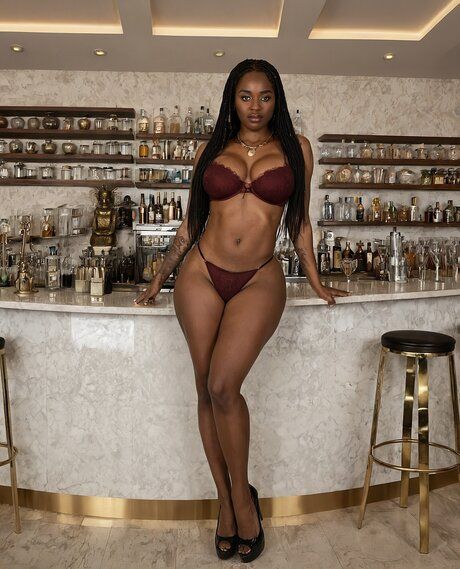 Pretty black girl models lingerie and clothes before standing naked at a bar - pornpics.com on pornsimulated.com