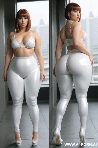 Office slut , office slut leggins, narrow waist, ((wide hips)), big ass, (((round ass)), (((thick thighs))), ((muscular legs)), ((high platforms heels)), full body view, fully clothed ,((extremely white pallid skin)), ((ghastly white shiny skin)) - ai-porn.ai on pornsimulated.com