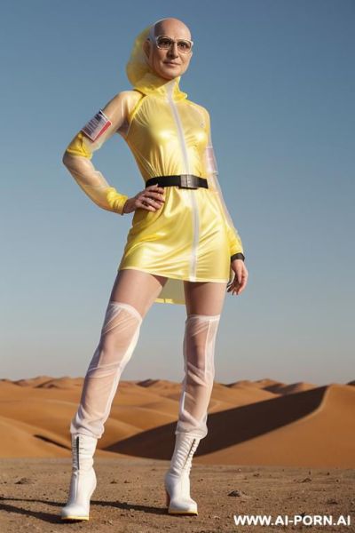 Hyperrealism painting: full-length of slender bald androgynous japanese woman, niqab, robe lace red and black, age twenty, ((a cup teardrop boobs)), on the desert field, bald head, she wear - ai-porn.ai - Japan on pornsimulated.com