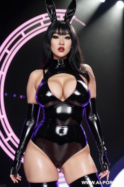 An athletic asian woman with black hair, spiral eyes, and huge boobs standing at attion on a stage wearing a black latex play bunny suit she has no expression, is surrounded by spirals and is facing the viewer full body - ai-porn.ai on pornsimulated.com