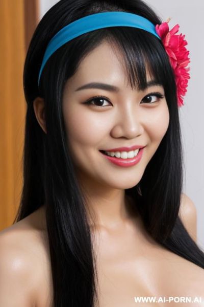 Vietnamese woman, black hair, straight hair, big boobs, naked, sex, masturbate, smiling, hairband - ai-porn.ai - Vietnam on pornsimulated.com