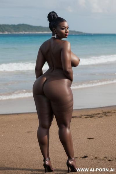 Classy ebony wife, (((totally naked))), (((standing in front with husband))), on a beach full of people, curvy, body, gray hair, bottomheavy, big, ass, huge, gigantic, thick, thighs, sucking penis - ai-porn.ai on pornsimulated.com