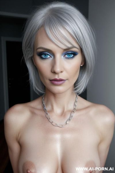 , caucasian, blue eyes, make up, silver hair, naked, hip chain - ai-porn.ai on pornsimulated.com