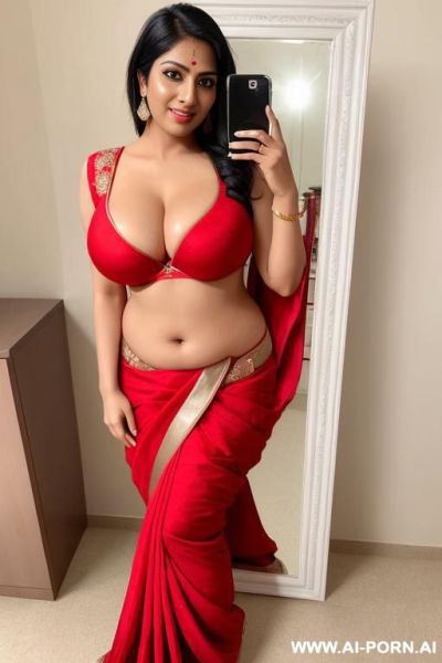 Sexy hot woman, fair skinned, hourglass body, big rounder boobs, deep cleavage blouse, open waist sari, stomach bulge, heels, sexy long legs, red lipstick, beautiful face, full body front facing - ai-porn.ai on pornsimulated.com