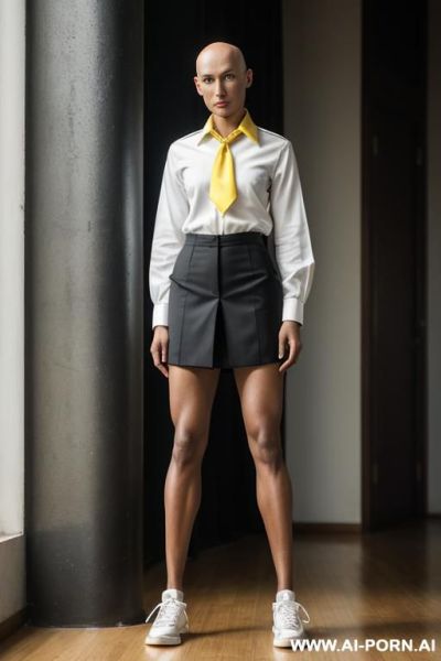 Full-length perfect androgynous bald 1woman, thai high, man chest, masculine chest, thai uniform, the hairstyle is bald, the swanneck, the slender body, white uniform shirt, loose striped necktie, - ai-porn.ai - Thailand on pornsimulated.com