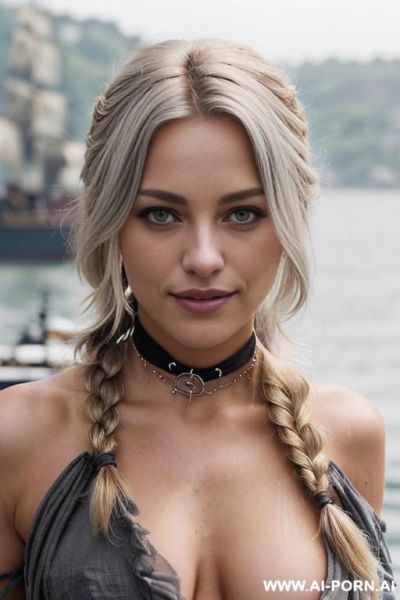 ((topless pirate)), ((natural plump breasts), (pretty face), (wide hips), (soft seductive smile), (sheer mesh), (choker), (no top), (topless), (scenic background), (overcast day), (even lighting), (light tan) - ai-porn.ai on pornsimulated.com