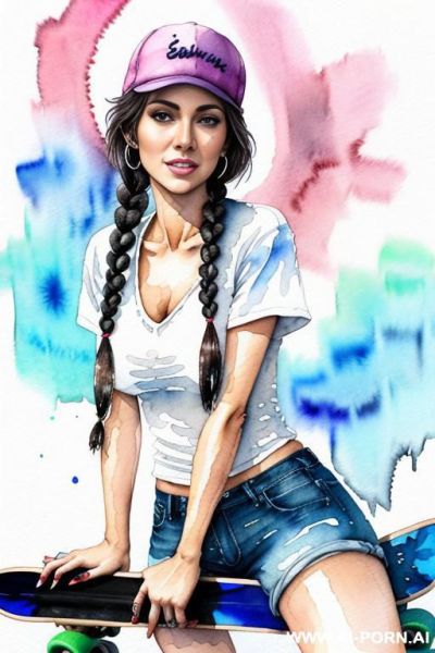 ((((at the street)))) ((((skate board)))) ((((image comic-drawing watercolor style)))) down level shot boobs in closedup ((((seductive gaze)))) from behind pretty japanese woman full lips smile shocked - ai-porn.ai - Japan on pornsimulated.com