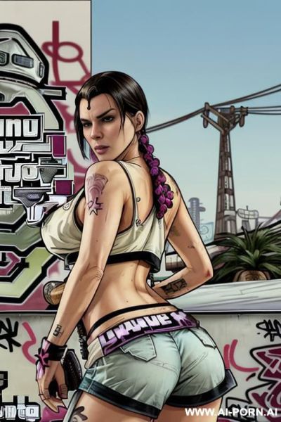 ((((image comic-drawing grand theft auto style)))) down level shot boobs in closedup ((((sky landscape)))) at the outdoor in the roller park ((((seductive gaze)))) from behind pretty italian woman - ai-porn.ai - Italy on pornsimulated.com
