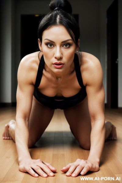 Woman, big lips, long black hair, ponytail, face, , athletic body type, medium sized round tits, naked on the hallway, - ai-porn.ai on pornsimulated.com