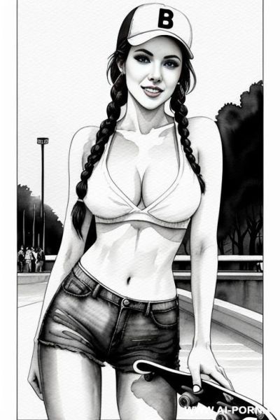 ((((at the street)))) ((((skate board)))) ((((image comic-drawing watercolor style)))) down level shot boobs in closedup, (((( woman)))) pretty italian woman full lips smile bent over standing on sexy - ai-porn.ai - Italy on pornsimulated.com