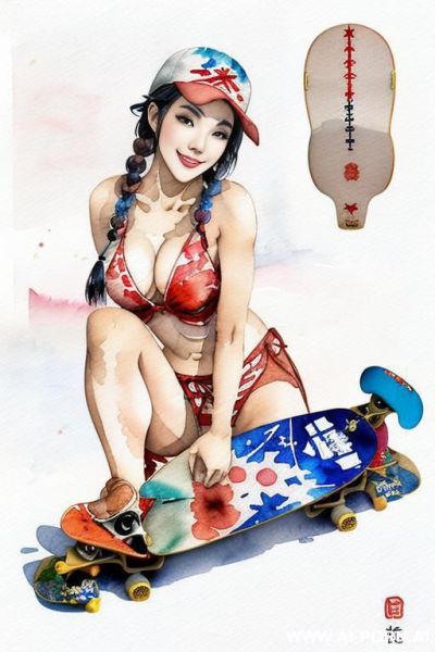 ((((landscape old japan flag)))) ((((skate board)))) ((((image comic-drawing watercolor style)))) down level shot boobs in closedup (((( gaze)))) pretty japanese woman full lips smile bending over - ai-porn.ai - Japan on pornsimulated.com