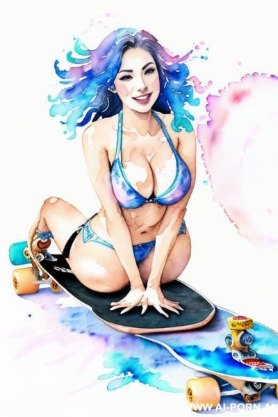 ((((skate board)))) ((((image comic-drawing watercolor style)))) (((( gaze)))) pretty japanese woman full lips smile bending over lying on , shorts fitted low-rise panties, ((((huge tits)))) muscle fit - ai-porn.ai - Japan on pornsimulated.com