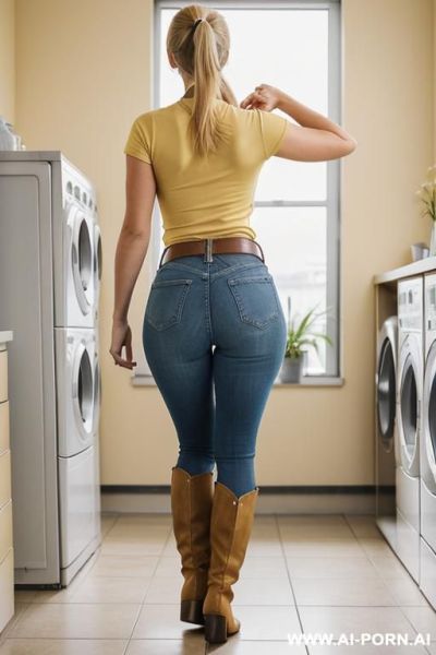 Brown flats long boots, light-yellow t-shirt, straight light-blue jeans, belt, ((spread legs)), twerking, lean, full body view - ai-porn.ai on pornsimulated.com