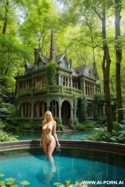 Nude naked sexy blonde in fantasy overgrown intricate steampunk glass mansion beautiful garden forest azure lake summer clear blue sky - ai-porn.ai on pornsimulated.com