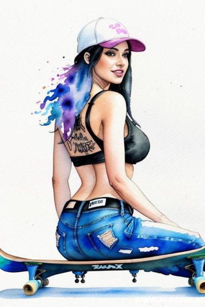 ((((at the street)))) ((((skate board)))) ((((image comic-drawing watercolor style)))) down level shot boobs in closedup ((((seductive gaze)))) from behind pretty italian woman full lips smile shocked - ai-porn.ai - Italy on pornsimulated.com