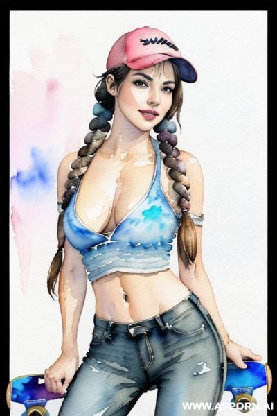 ((((at the street)))) ((((skate board)))) ((((image comic-drawing watercolor style)))) down level shot boobs in closedup, (((()))) ((((seductive gaze)))) pretty italian woman full lips smile bending over - ai-porn.ai - Italy on pornsimulated.com
