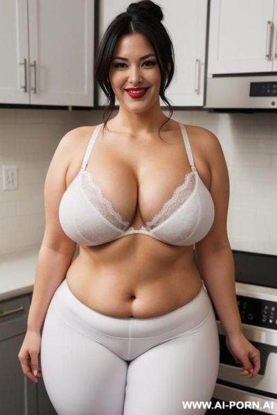 Milf neighbor, enormous gigantic oversized heavy round m cup boobs, open white button shirt with deep cleavage, happy confident friendly inviting seductive smirk, full plump puckered oversized lips - ai-porn.ai on pornsimulated.com