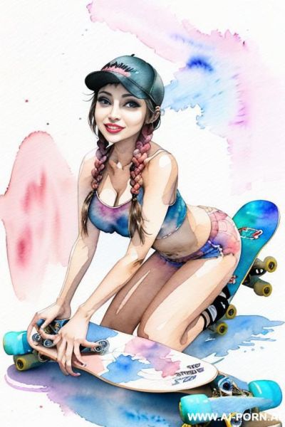 ((((skate board)))) ((((image comic-drawing watercolor style)))) ((((huge eyes)))) pretty japanese woman full lips smile bending over knees on , shorts fitted low-rise panties, muscle fit , braids - ai-porn.ai - Japan on pornsimulated.com