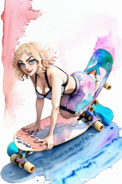 ((((skate board)))) ((((image comic-drawing watercolor style)))) ((((huge eyes)))) ((((huge tits)))) pretty japanese woman full lips smile bending over knees on , shorts yoga pants low-rise panties, - ai-porn.ai - Japan on pornsimulated.com