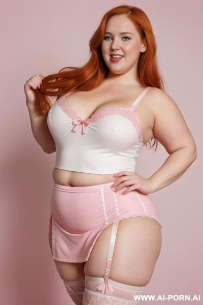 (((half body photo shot close up photo))). a (british obese fat bbw redhead), ((thick body, with tummy and love handless)). (wearing a lingerie garter belt top.) - ai-porn.ai - Britain on pornsimulated.com
