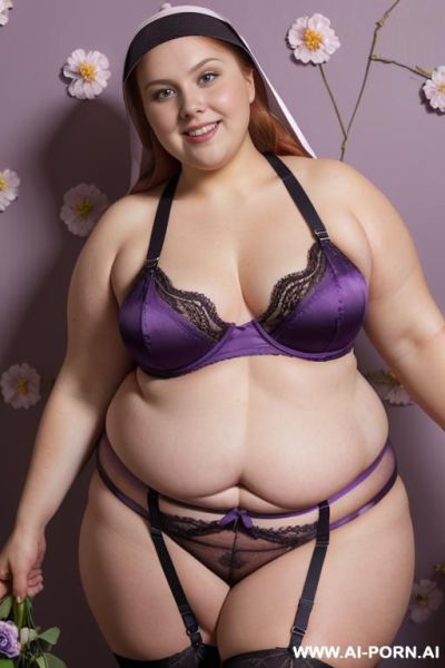 Half body photo shot close up. a ((british obese fat bbw redhead)), ((thick with love handless)). ((wearing a violet bright sexy and hot ((nun)) garter belt bride lingerie of flowers, and a silk micro-skirt)). she is smiling, anklet heart - ai-porn.ai - Britain on pornsimulated.com