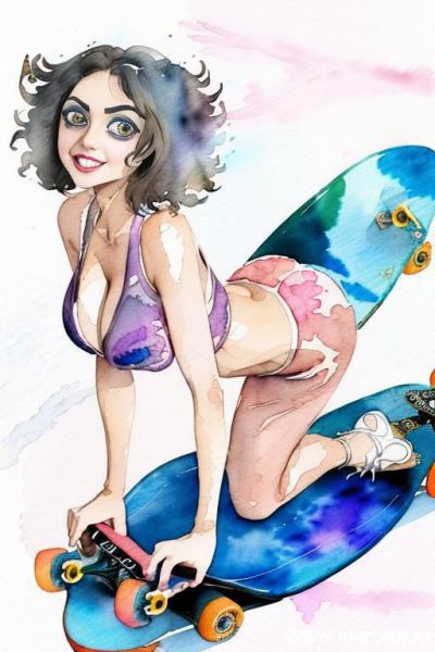 ((((skate board)))) ((((image comic-drawing watercolor style)))) ((((huge eyes)))) ((((huge tits)))) pretty japanese woman full lips smile bending over knees on , shorts leggins low-rise panties, muscle - ai-porn.ai - Japan on pornsimulated.com