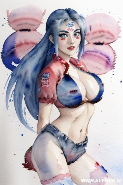 ((((red & blue bomber)))) ((((image comic-drawing cartoon watercolor style)))) ((((huge eyes)))) ((((huge tits)))) (((( face)))) pretty japanese woman full lips smile knees on leaning sexy pose , red - ai-porn.ai - Japan on pornsimulated.com