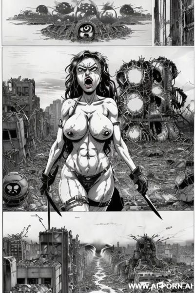 ((((image comic-drawing cartoon style)))) ((((huge eyes)))) ((((huge tits)))) ((((screaming)))) pretty japanese woman ((((apocalyptic city)))) , ((((atomic bomb explosions landscape)))) , horizont looking , - ai-porn.ai - Japan on pornsimulated.com