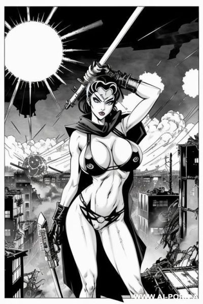 ((((image comic-drawing cartoon style)))) ((((huge eyes)))) ((((huge tits)))) ((((vixen attack)))) pretty japanese woman ((((apocalyptic city)))) , ((((atomic bomb explosions landscape)))) , horizont looking - ai-porn.ai - Japan on pornsimulated.com