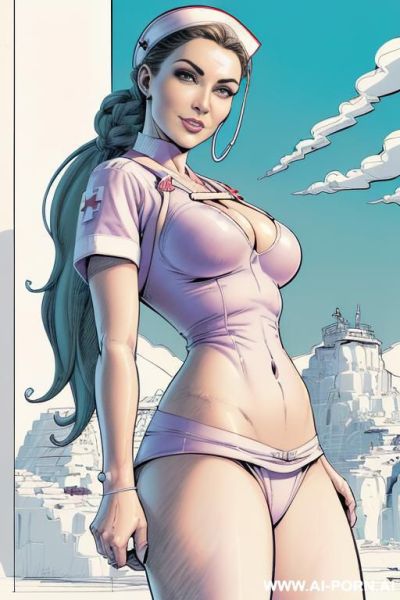 ((((image comic-drawing cartoon style)))) down level shot boobs in closedup ((((sky landscape bright sun)))) ((((sexy killer nurse)))) ((((seductive gaze)))) pretty italian woman full lips smile shocked - ai-porn.ai - Italy on pornsimulated.com
