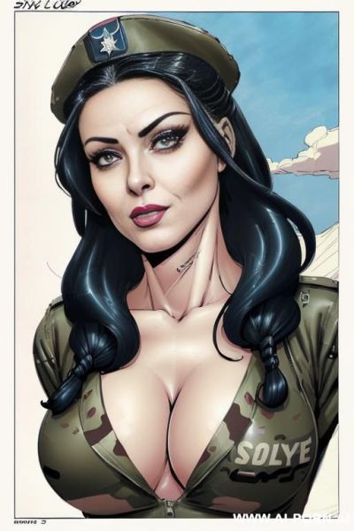 ((((image comic-drawing cartoon style)))) down level shot boobs in closedup ((((sky landscape)))) ((((military woman))))) ((((huge eyes)))) (((( nose)))) ((((seductive gaze)))) pretty italian woman full lips - ai-porn.ai - Italy on pornsimulated.com