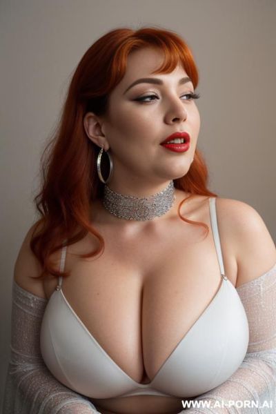 Deep cleavage, huge boobs, kneeling down, (looking up, raised head, chin up), open mouth, happy, close up from above, wide red lips, meditating, silver neckcollar, massive hoop earrings - ai-porn.ai on pornsimulated.com